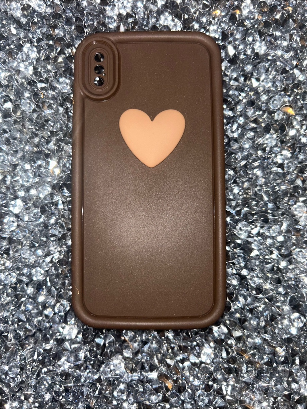 Brown Silicone Phone Case with Peach Heart Accent